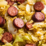 Delicious fried cabbage with kielbasa sausage in a skillet, ready to serve.