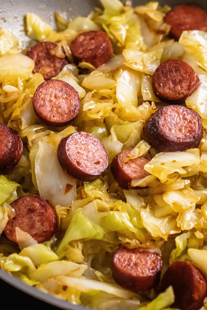Delicious fried cabbage with kielbasa sausage in a skillet, ready to serve.