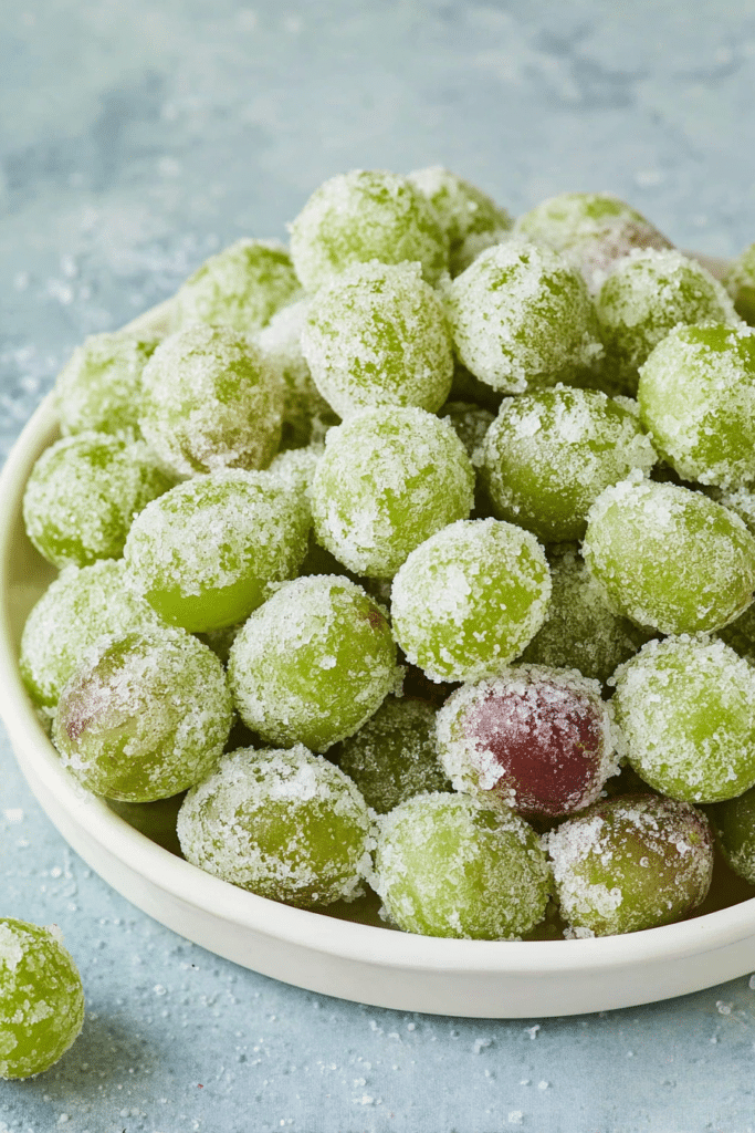 Bowl of sparkling frozen candied grapes with granulated sweetener, showcasing their bright green color and delicious texture.