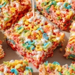 Colorful Fruity Pebbles Rice Krispie Treats stacked on a plate with fruity cereal sprinkles.
