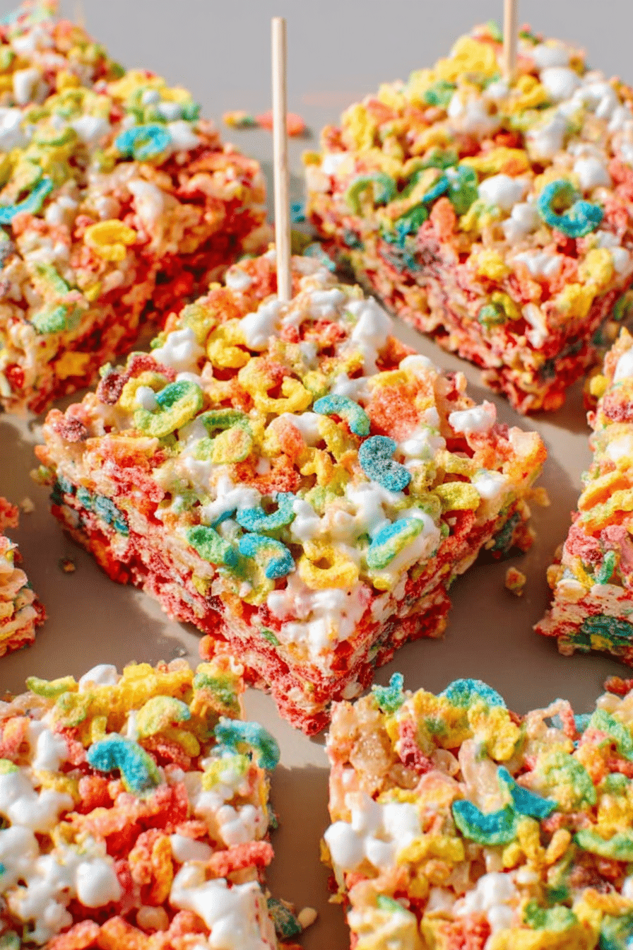 Colorful Fruity Pebbles Rice Krispie Treats stacked on a plate with fruity cereal sprinkles.
