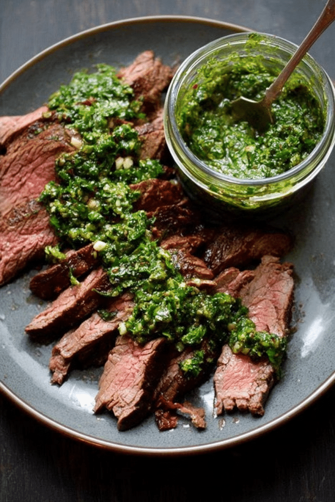 Garlic brown sugar flank steak topped with vibrant chimichurri sauce on a wooden board with fresh herbs and garlic.