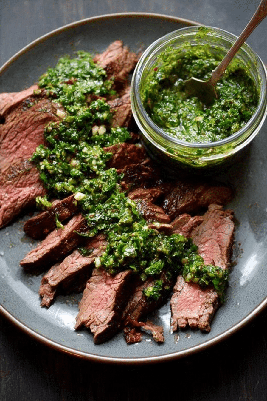 Garlic brown sugar flank steak topped with vibrant chimichurri sauce on a wooden board with fresh herbs and garlic.