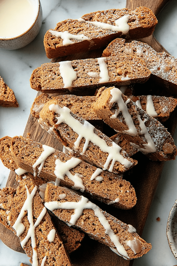 Plate of gingerbread biscotti with chocolate chips beside a steaming cup of coffee, set in a cozy, festive environment.