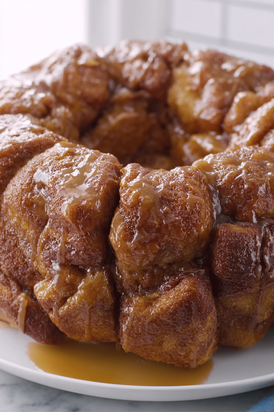 Close-up of delicious easy monkey bread with gooey caramel and cinnamon sugar, pulled apart to reveal layers.