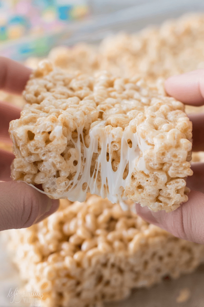 Deliciously gooey Rice Krispie treats with colorful sprinkles on a decorative plate