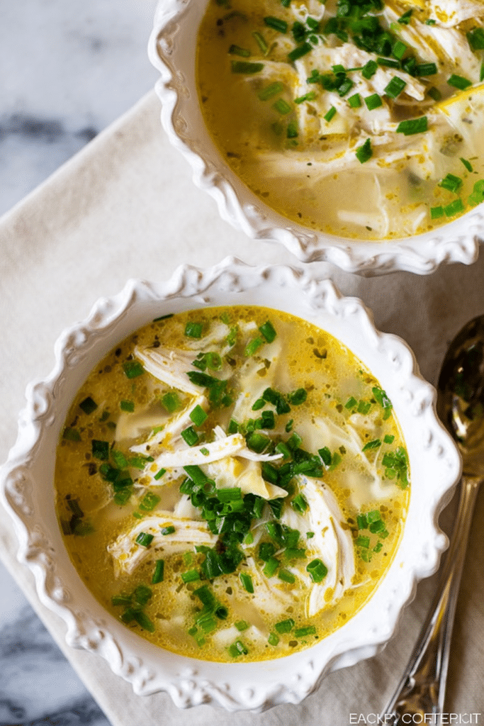 A bowl of Greek lemon chicken soup with feta and chives, showcasing its bright flavors and comforting texture.