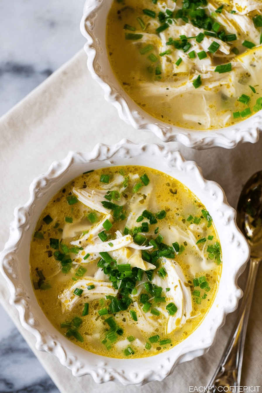 A bowl of Greek lemon chicken soup with feta and chives, showcasing its bright flavors and comforting texture.