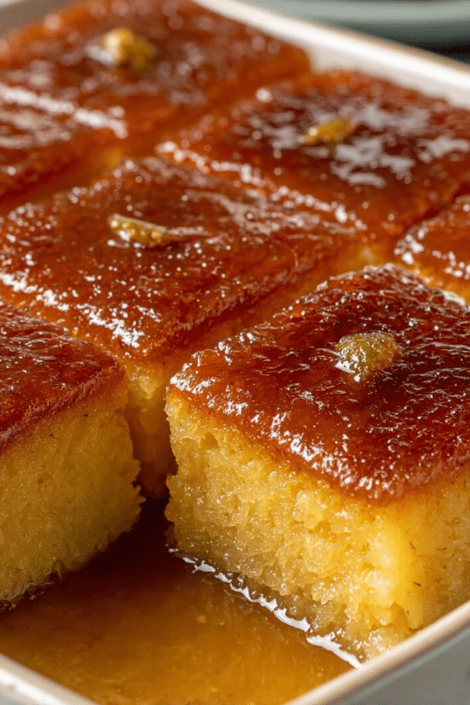Slice of Greek Ravani semolina cake garnished with powdered sugar and orange zest