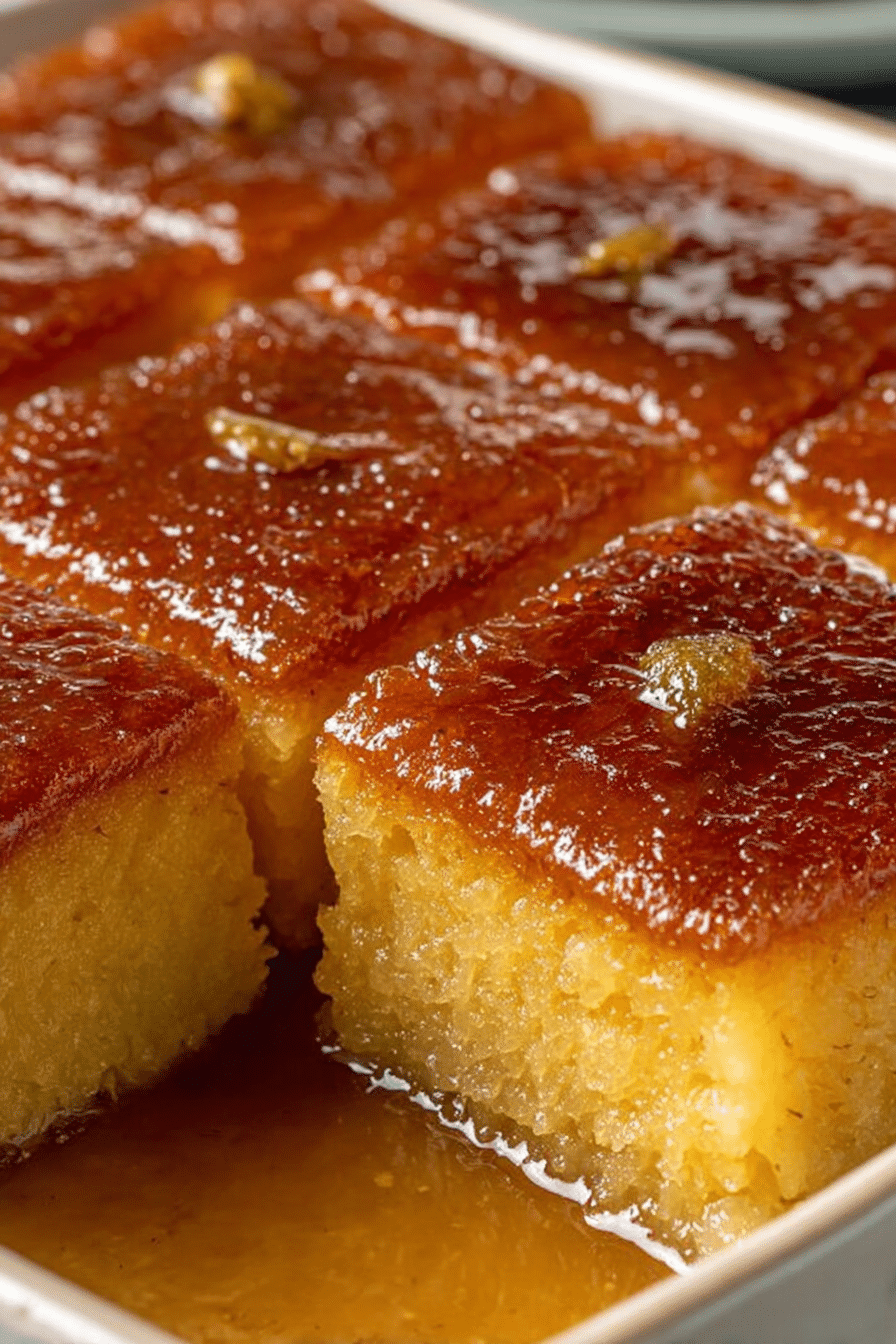 Slice of Greek Ravani semolina cake garnished with powdered sugar and orange zest
