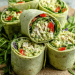 Close-up of green goddess chicken salad wraps showcasing vibrant vegetables and creamy sauce on a wooden table.