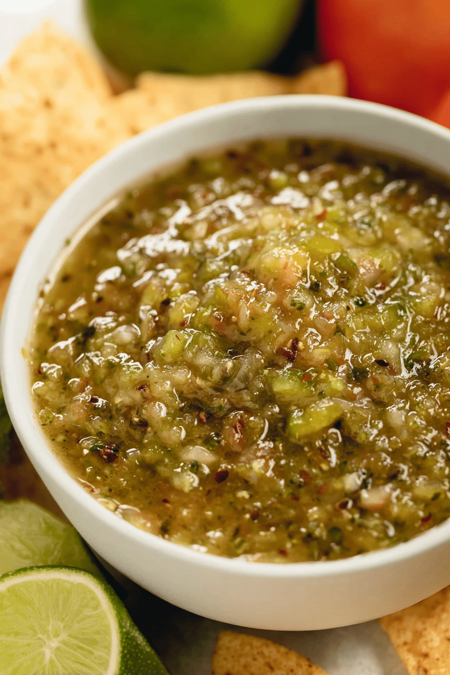 Fresh green tomato salsa in a bowl with tortilla chips and lime slices