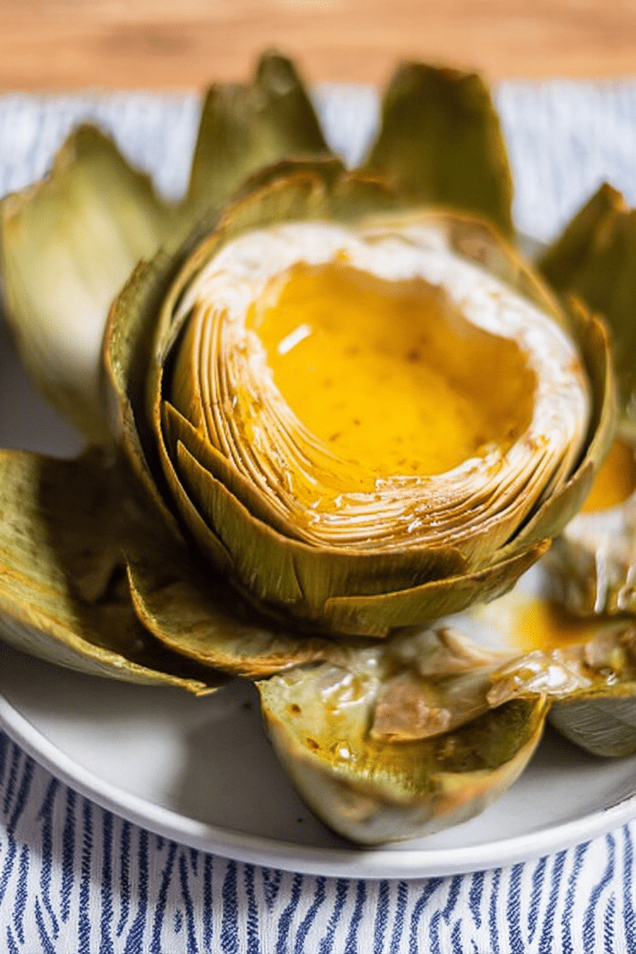 Grilled artichokes with lemon-pepper garlic butter served with lemon wedges and parsley garnish.