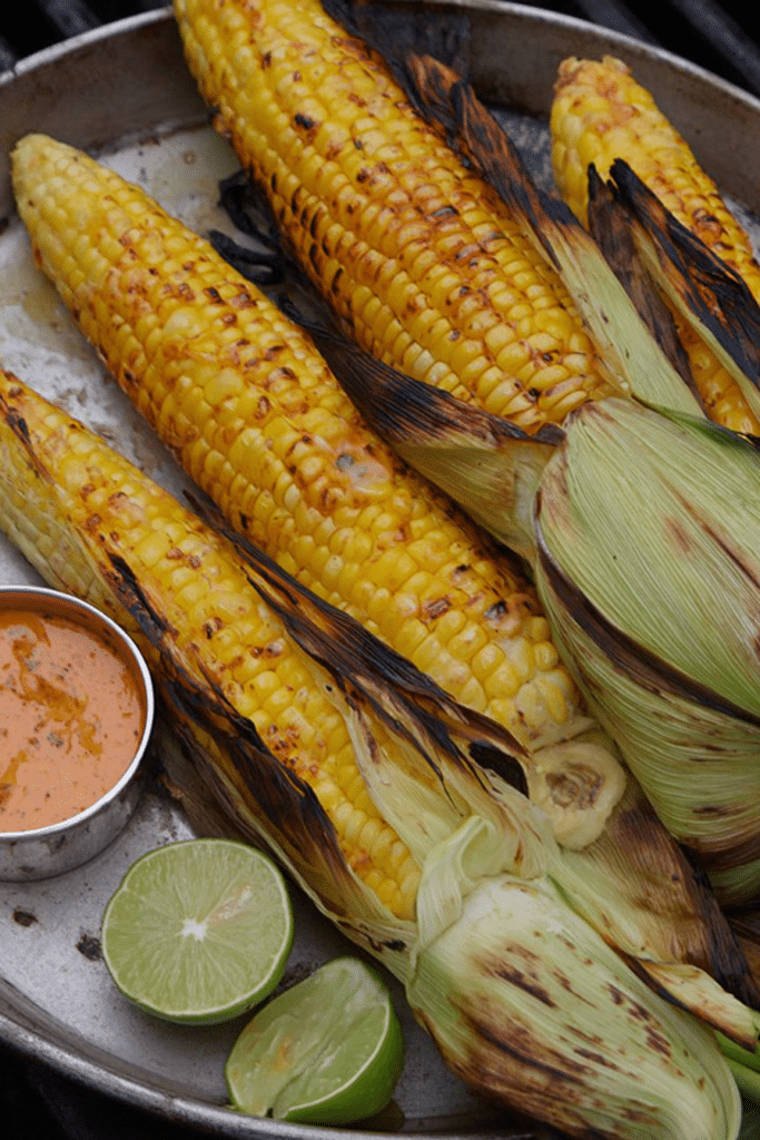 Close-up of grilled corn on the cob with chipotle butter and lime wedges