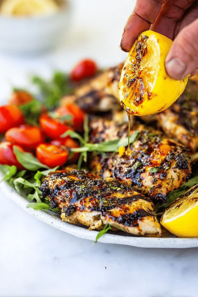 Grilled lemon chicken with herbs served with salad and grilled vegetables.