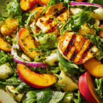 Colorful halloumi salad with peaches, arugula, and pistachios in a large serving bowl.