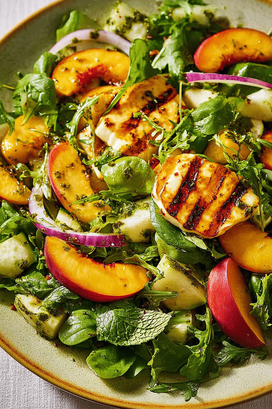 Colorful halloumi salad with peaches, arugula, and pistachios in a large serving bowl.