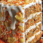 Hawaiian carrot pineapple cake topped with cream cheese frosting and garnished with pineapple chunks and shredded carrots.