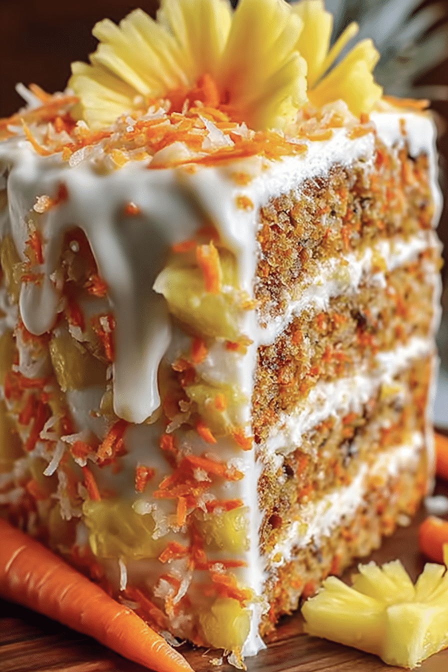 Hawaiian carrot pineapple cake topped with cream cheese frosting and garnished with pineapple chunks and shredded carrots.