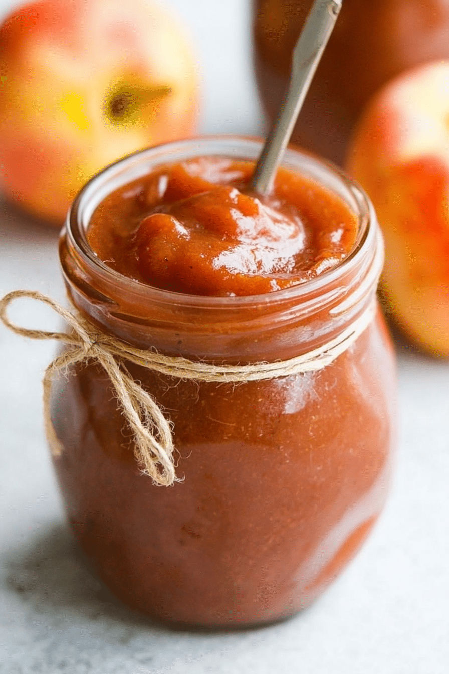 Healthy apple butter in a jar on a wooden table with fresh apples and toast.