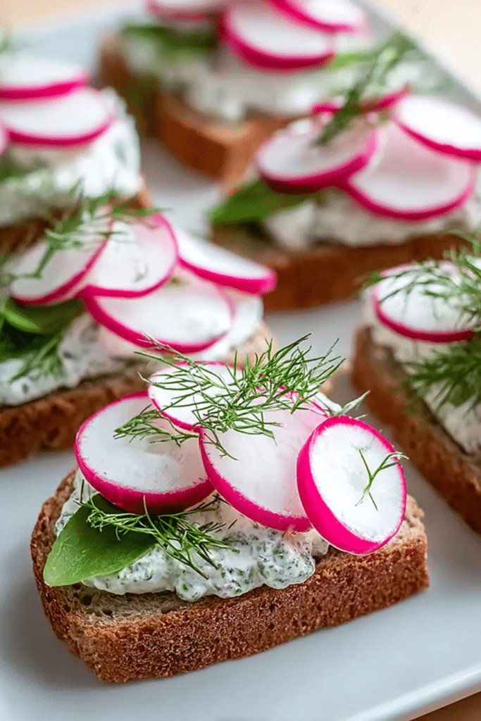 Healthy radish tea sandwiches with dill, served on a wooden platter.