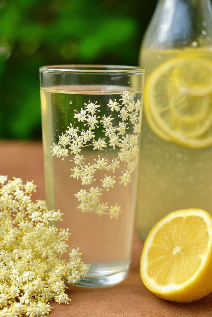 Homemade elderflower cordial in a glass, garnished with lemon slices and elderflowers.