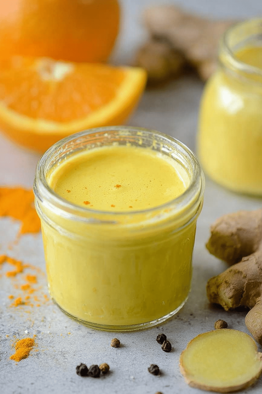 Homemade lemon ginger turmeric shot in a jar with lemons and ginger