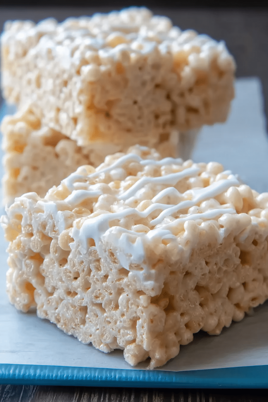 Delicious homemade Rice Krispies treats stacked on a plate with mini marshmallows in the background.