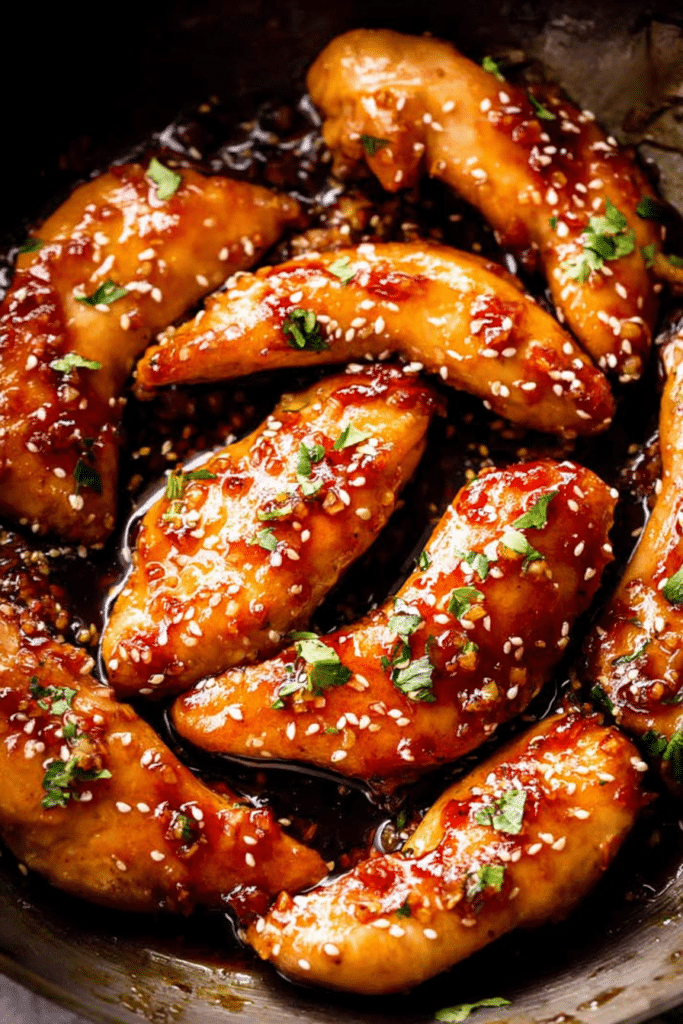 Delicious honey garlic chicken garnished with parsley and sesame seeds on a white plate.
