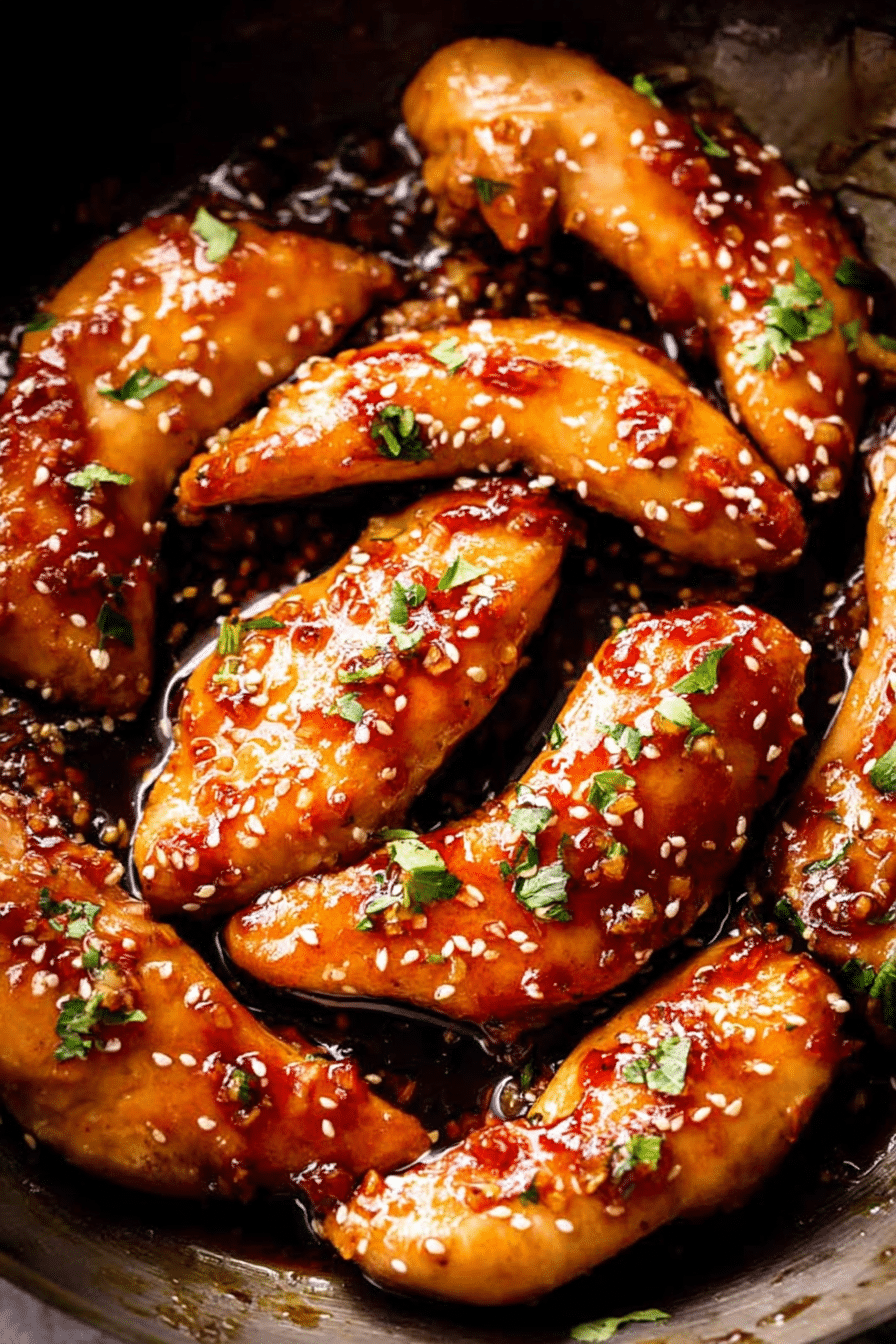 Delicious honey garlic chicken garnished with parsley and sesame seeds on a white plate.