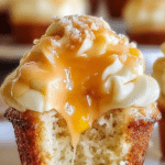 Delicious honey peach cream cheese cupcakes with peach slices and honey drizzle on a wooden table.