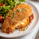 Sliced jalapeño popper stuffed chicken breast showcasing cream cheese filling and garnished with green onions on a white platter.