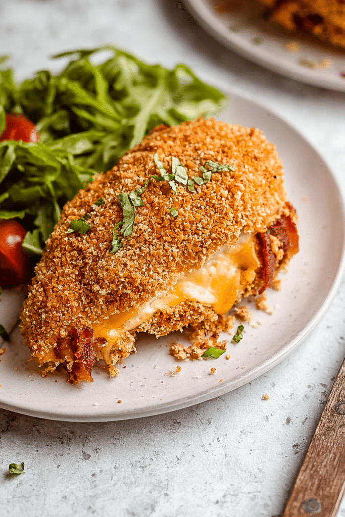 Sliced jalapeño popper stuffed chicken breast showcasing cream cheese filling and garnished with green onions on a white platter.