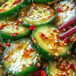 Vibrant Korean cucumber salad in a bowl, garnished with sesame seeds and green onions, served on a rustic wooden table.