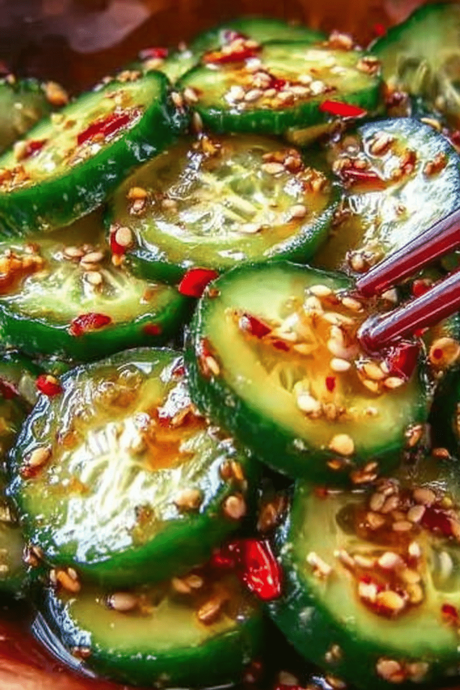 Vibrant Korean cucumber salad in a bowl, garnished with sesame seeds and green onions, served on a rustic wooden table.