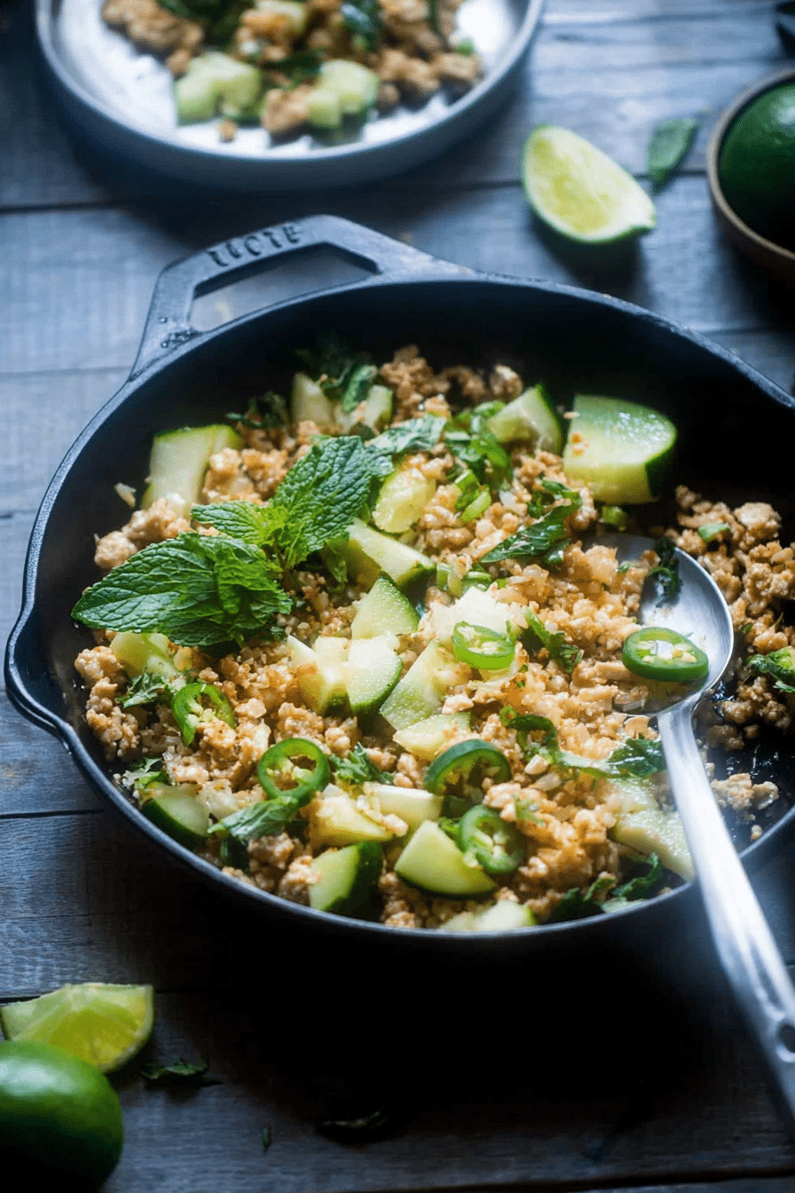 Larb Gai Thai Chicken Skillet with ground chicken, cauliflower rice, and fresh herbs in a frying pan.