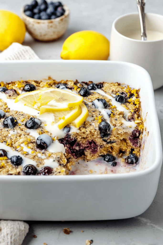 Slice of lemon blueberry baked oatmeal with blueberries and lemon yogurt drizzle on a white plate, complemented by fresh lemons.