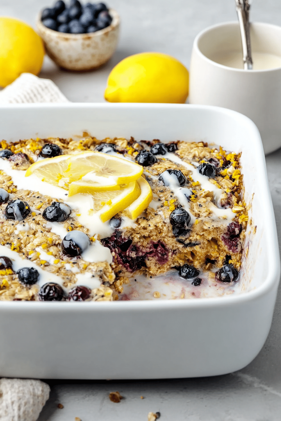 Slice of lemon blueberry baked oatmeal with blueberries and lemon yogurt drizzle on a white plate, complemented by fresh lemons.
