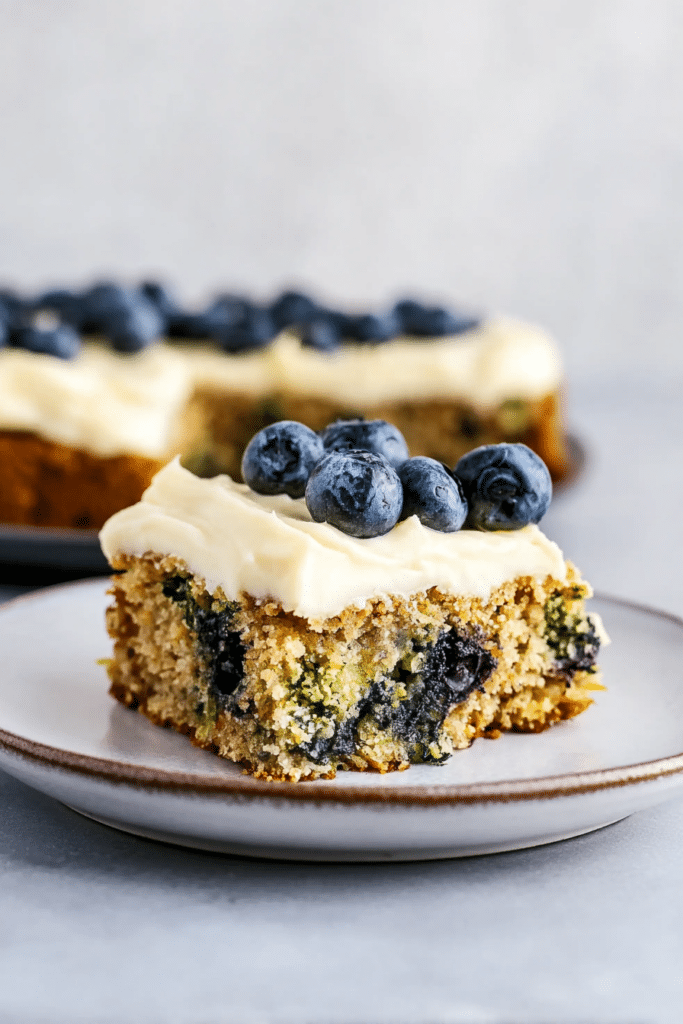 Slice of gluten-free lemon blueberry zucchini cake on a plate with blueberries and mint garnish.