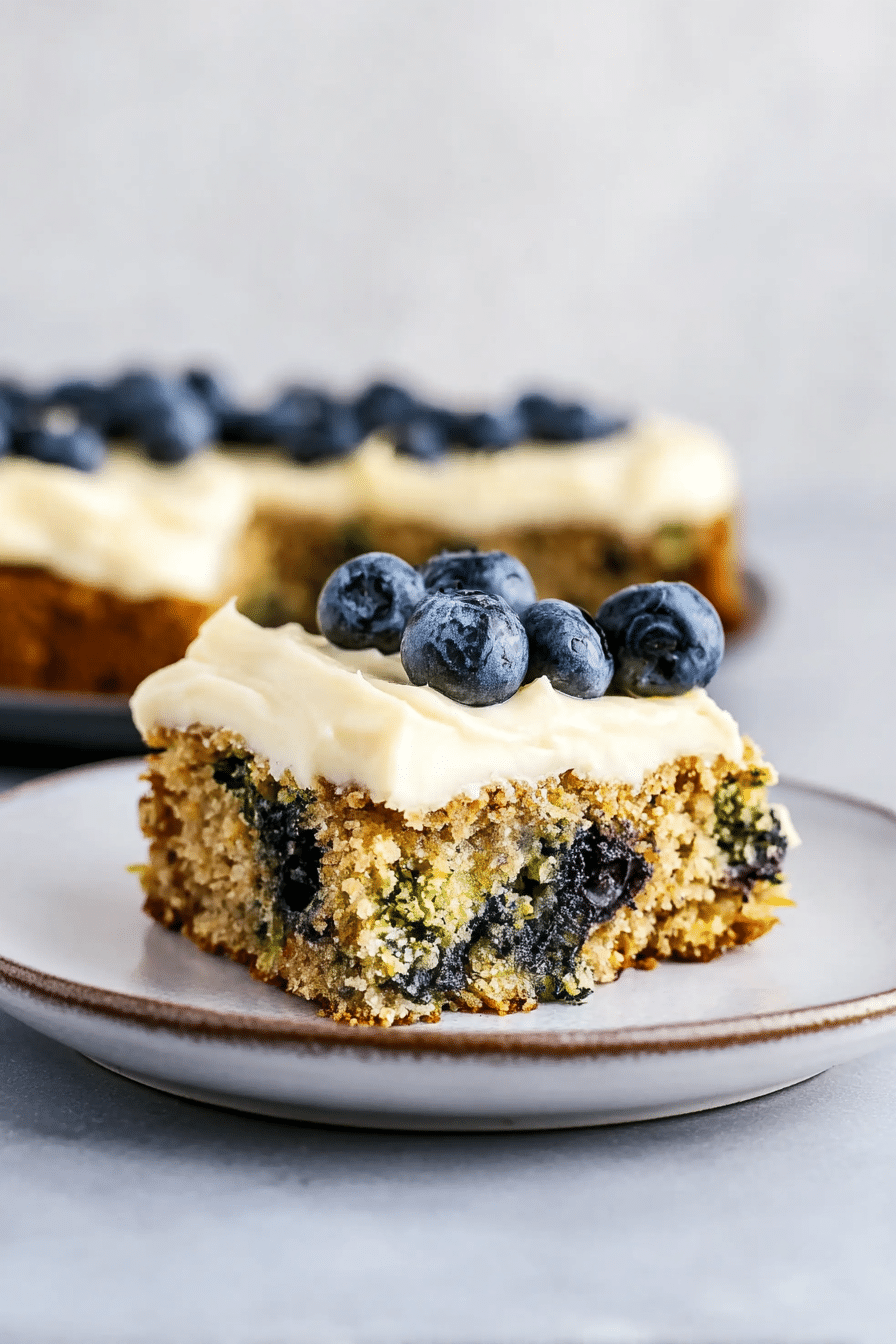 Slice of gluten-free lemon blueberry zucchini cake on a plate with blueberries and mint garnish.