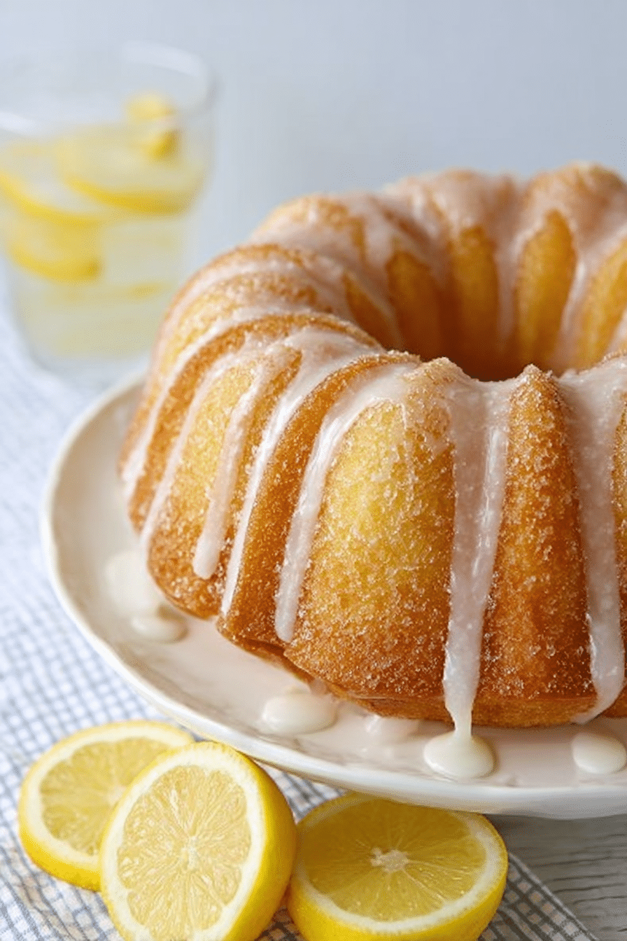 A slice of lemon bundt cake on a plate with lemon glaze and fresh lemons in the background.