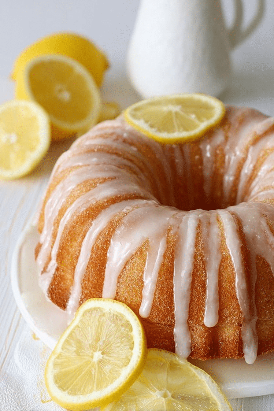 Delicious lemon bundt cake with lemon glaze and slices displayed on a wooden table.