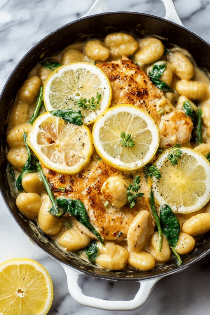 Close-up of lemon chicken gnocchi with parmesan cheese, lemon slices, and fresh spinach in a bowl.