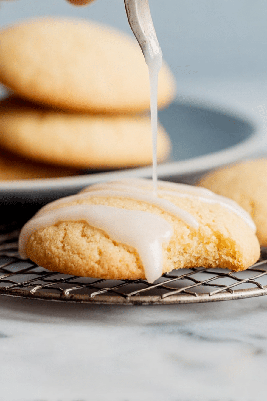Plate of lemon cookies with lemon glaze and fresh lemons on a wooden table