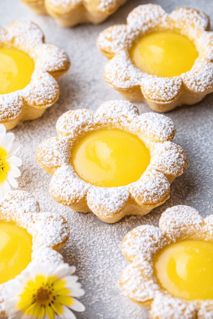 Delicious lemon curd tartlets decorated with lemon slices and mint on a wooden table.