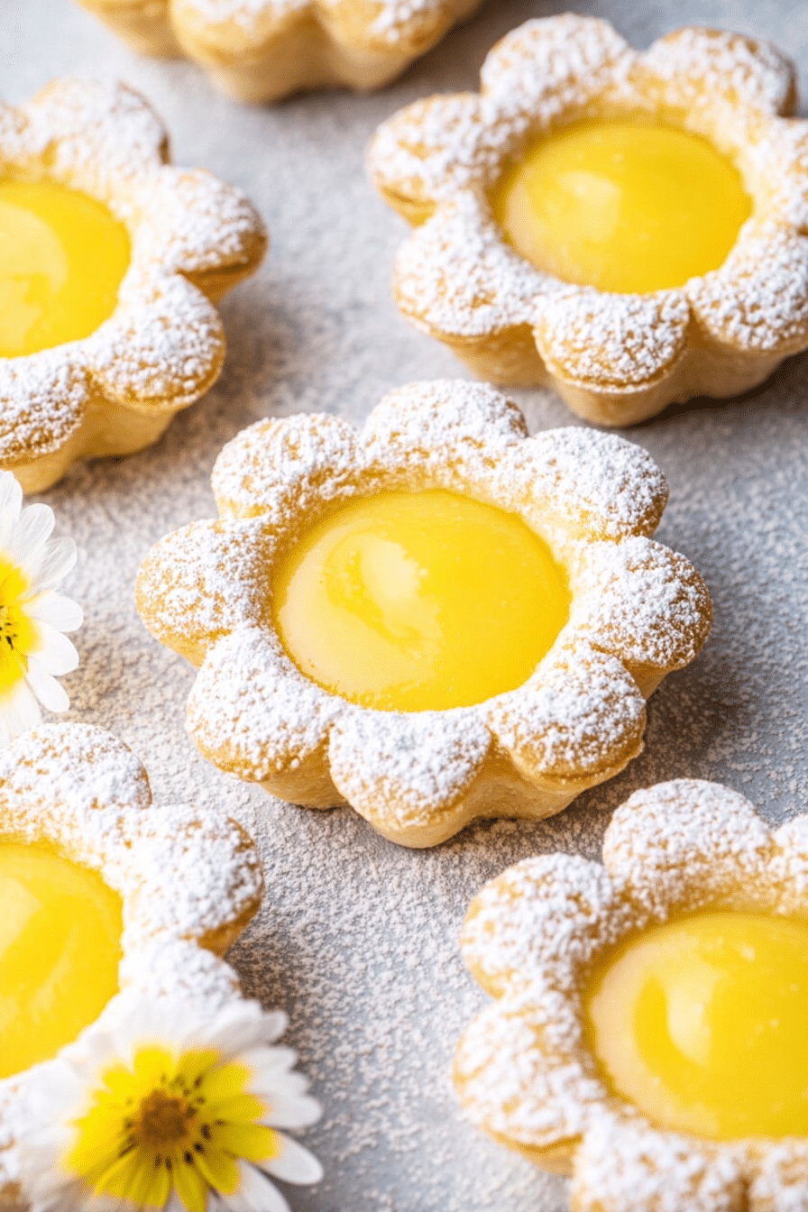 Delicious lemon curd tartlets decorated with lemon slices and mint on a wooden table.
