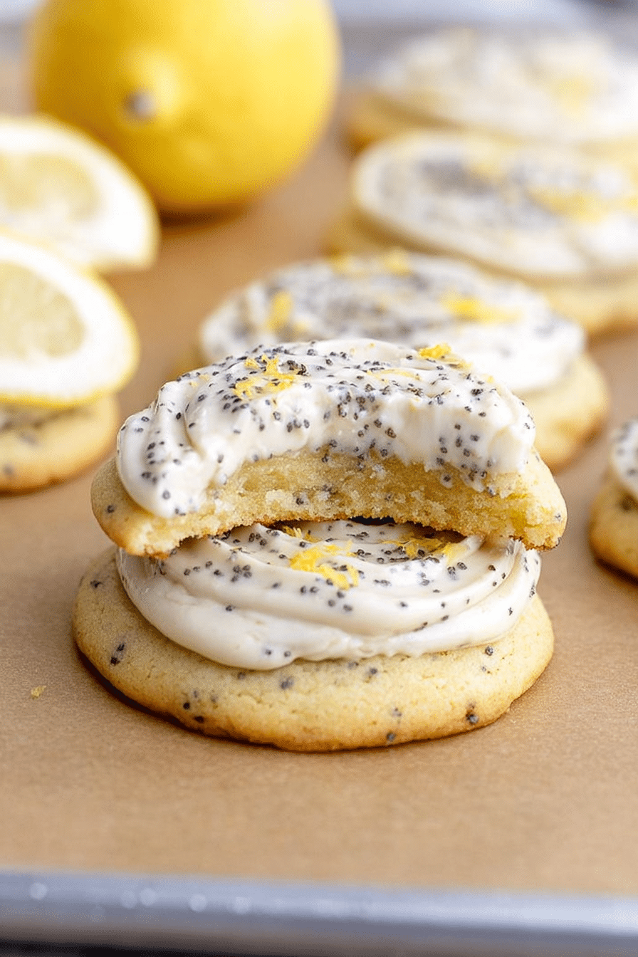 Close-up of lemon poppy seed cheesecake cookies topped with cream cheese frosting, surrounded by lemon slices and poppy seeds.