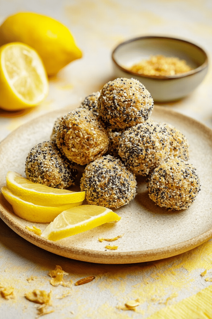 Delicious lemon poppy seed energy bites on a marble countertop, garnished with lemon slices and poppy seeds.