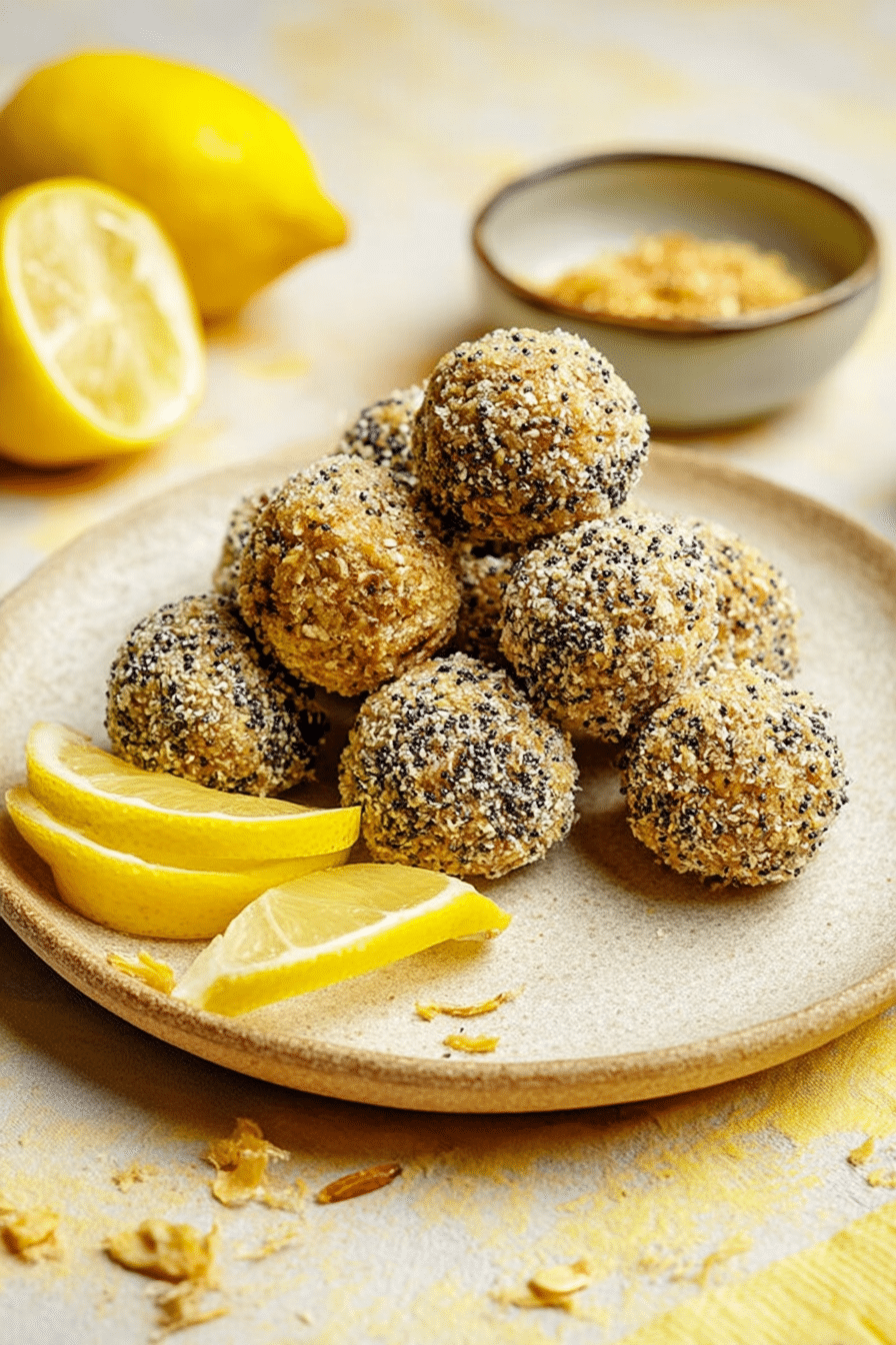Delicious lemon poppy seed energy bites on a marble countertop, garnished with lemon slices and poppy seeds.
