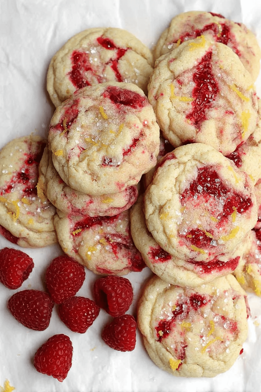 Close-up of lemon raspberry cookies on a wooden board, garnished with fresh raspberries and lemon slices.